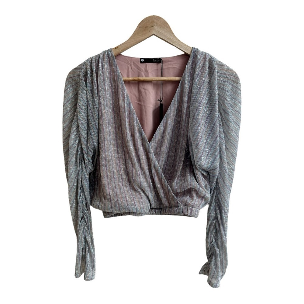 Krisa Multicolor Metallic Shimmer Stripe Surplice Ruched Sleeves Women Size XS